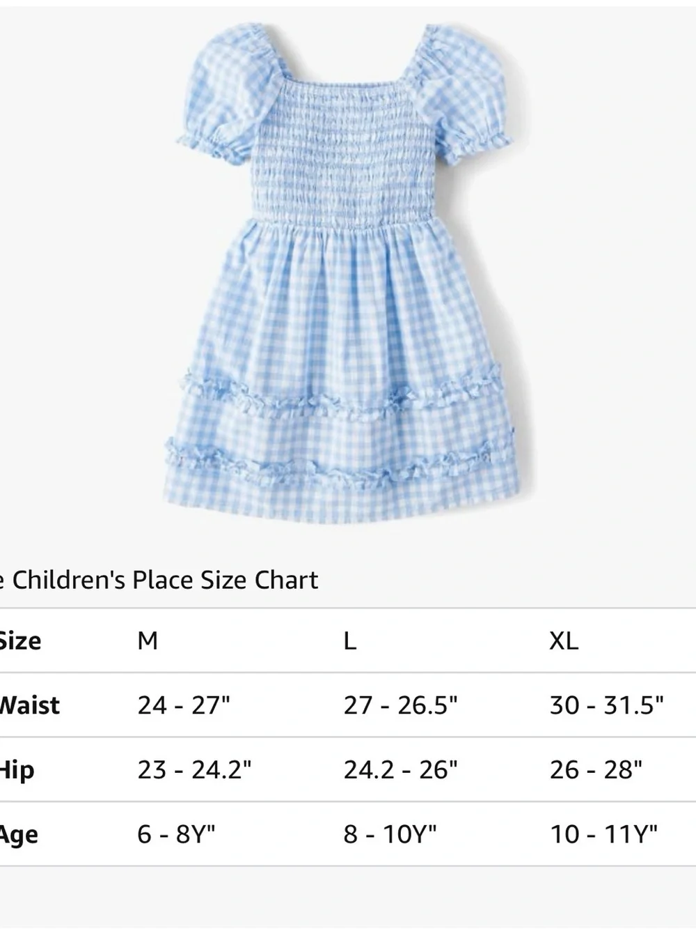 NWT The Children’s Place Girls Gingham Smocked Babydoll Dress, Size Large 10/12
